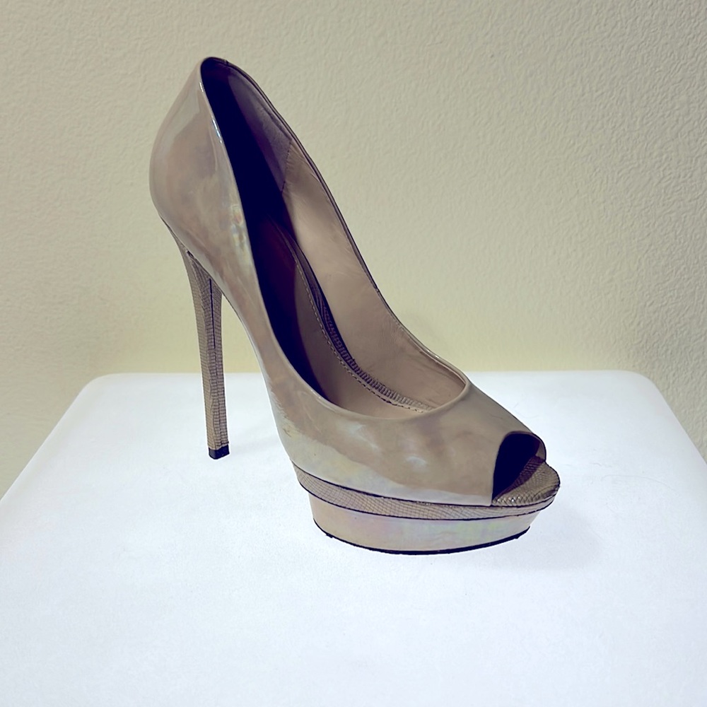 B Brian Atwood iridescent platform, comes with box and dust bag.